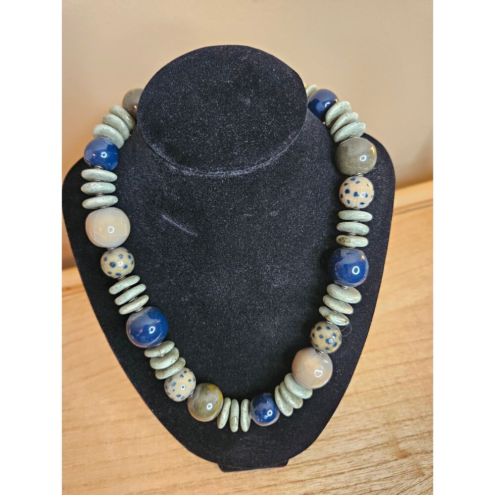 Bold Green & Blue African Glass Beaded Necklace - Picture 7 of 7